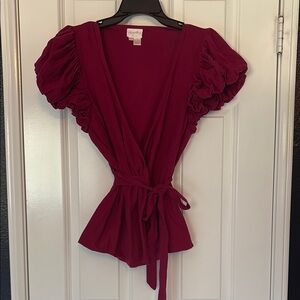 Anthropologie Red Puff Sleeve Wrap Blouse Tracy Reese top cardigan sexy